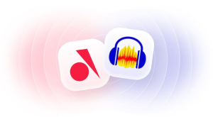 Audacity logo and audio.com logo overlaying in a playful manner